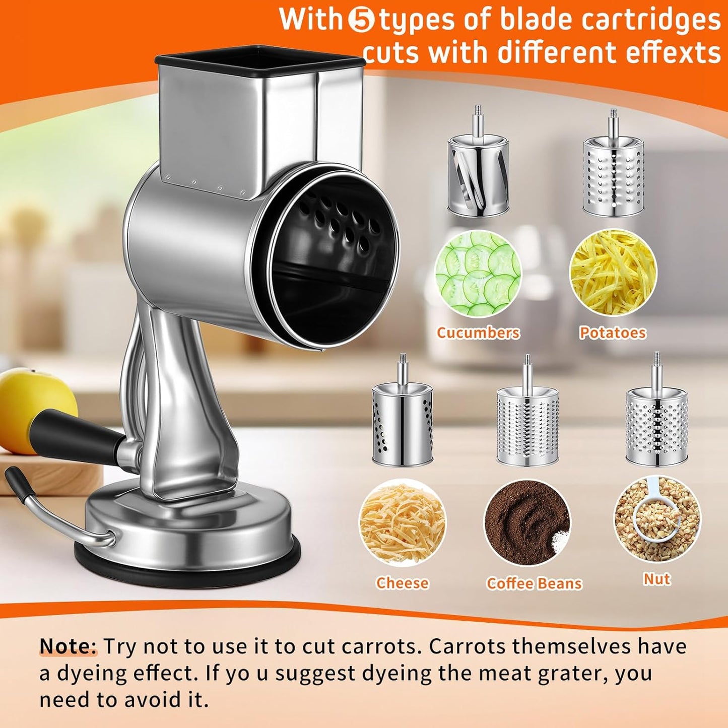 2 Pcs Stainless Steel Rotary Cheese Grater with 8.2 Qt Mixing Bowl and 5 Interchangeable Blades Reinforced Suction Base Metal Manual for Kitchen Vegetable Slicer Shredder for Nuts Cookies