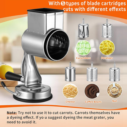 2 Pcs Stainless Steel Rotary Cheese Grater with 8.2 Qt Mixing Bowl and 5 Interchangeable Blades Reinforced Suction Base Metal Manual for Kitchen Vegetable Slicer Shredder for Nuts Cookies
