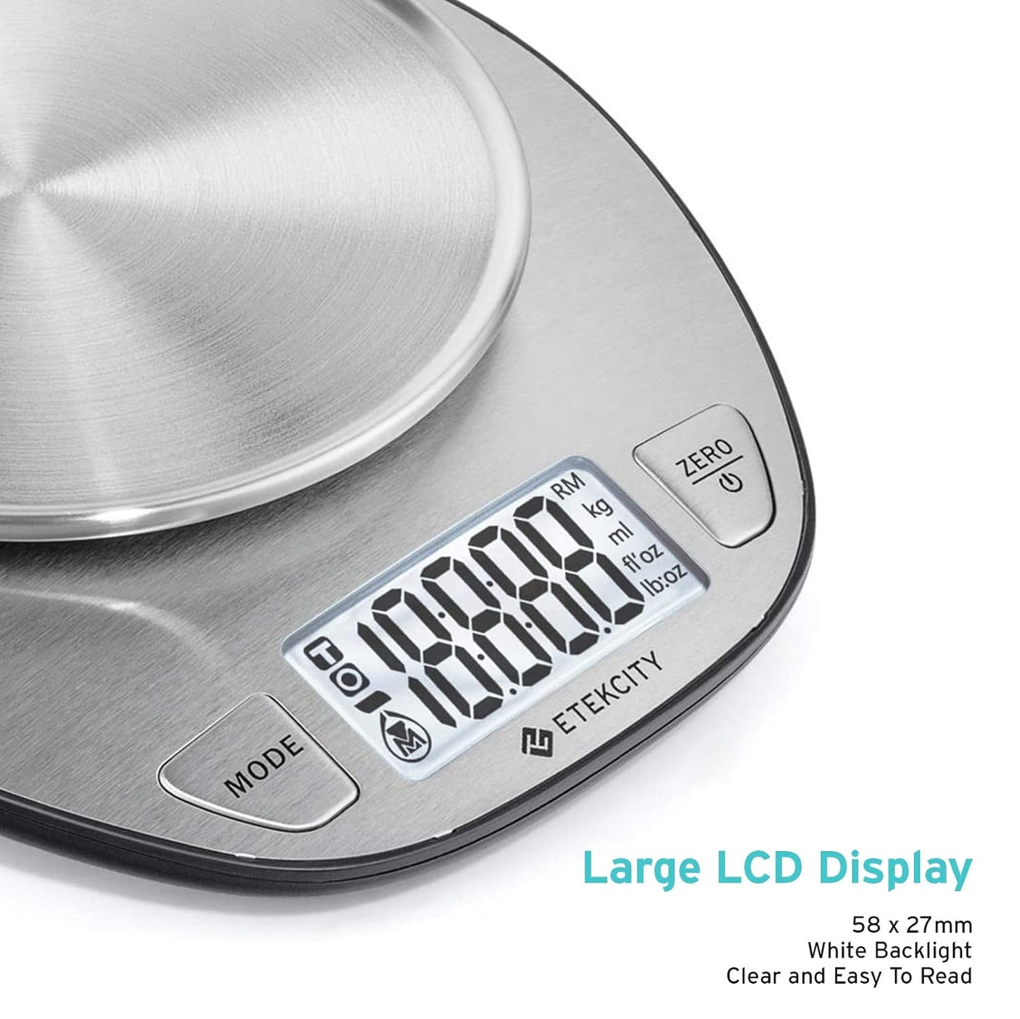 Etekcity 11lb/5kg Stainless Steel Digital Kitchen Food Scales, with Liquid Volume Measurement Function, Auto Zero/Tare and Large Backlight LCD Display, Silver