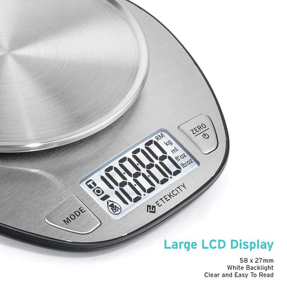 Etekcity 11lb/5kg Stainless Steel Digital Kitchen Food Scales, with Liquid Volume Measurement Function, Auto Zero/Tare and Large Backlight LCD Display, Silver