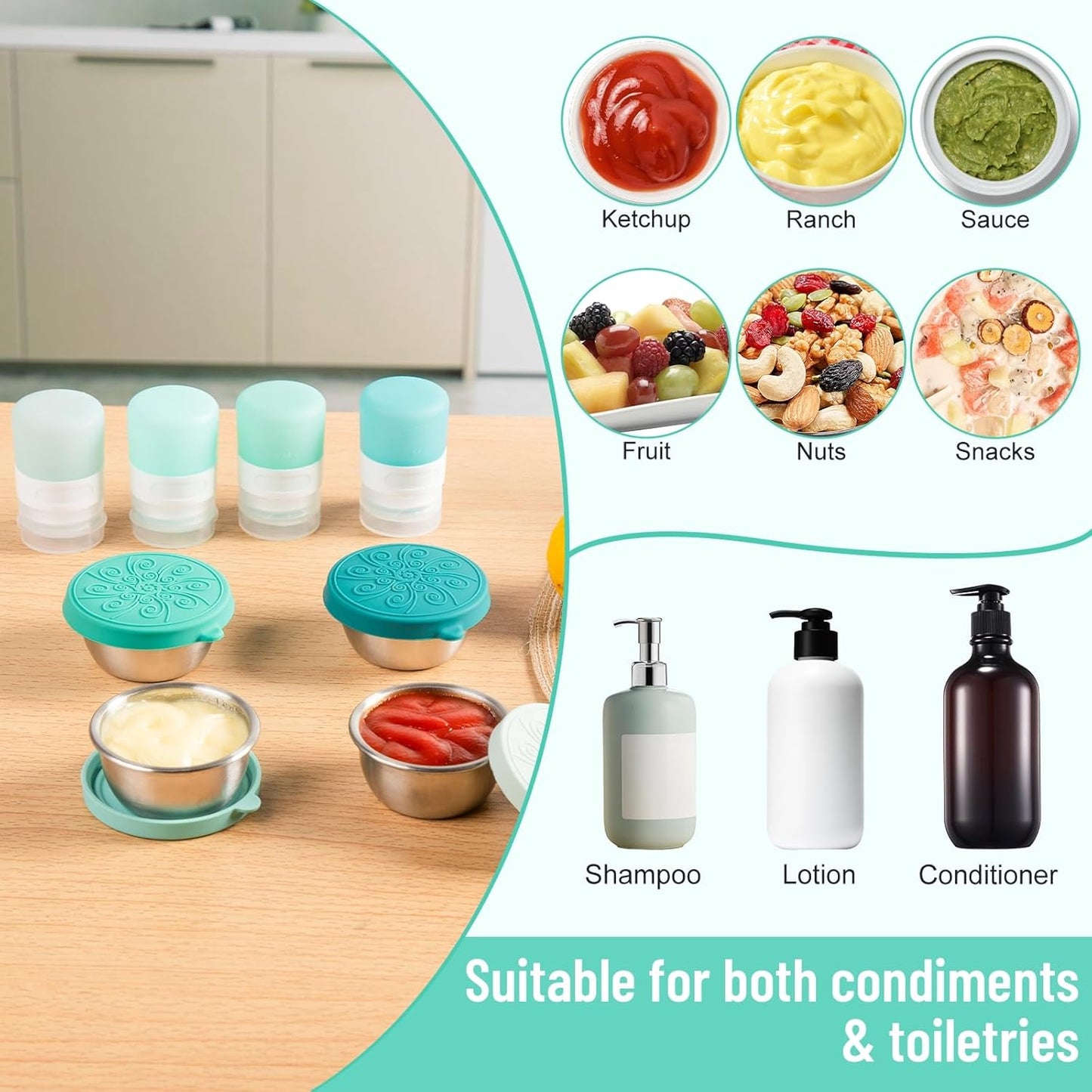 MICEBAY 8-Pack Salad Dressing Container To Go, 2-oz Silicone Small Condiment Squeeze Bottles and 1.6 oz Stainless Steel Sauce Containers Cups, Leakproof Condiment Containers with Lids for Lunch Box
