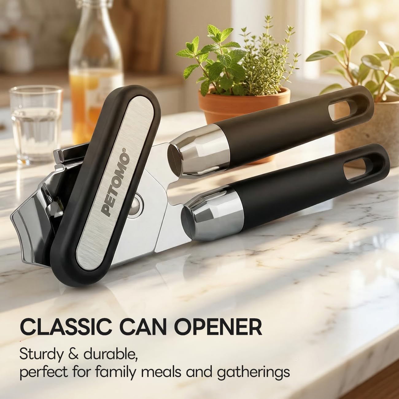 Stainless Steel Manual Can Opener with Bottle Opener - Razor Sharp Cutting Wheel, Soft Ergonomic Grip Handles, Oversized Easy-Turn Knob, Smooth Edge Safe Operation, Black