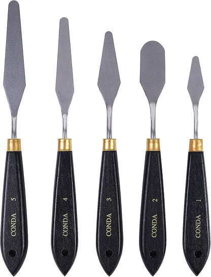CONDA Palette Knife Painting Stainless Steel Spatula Palette Knife Oil Paint Metal Knives Wood Handle (Red 5 Piece)