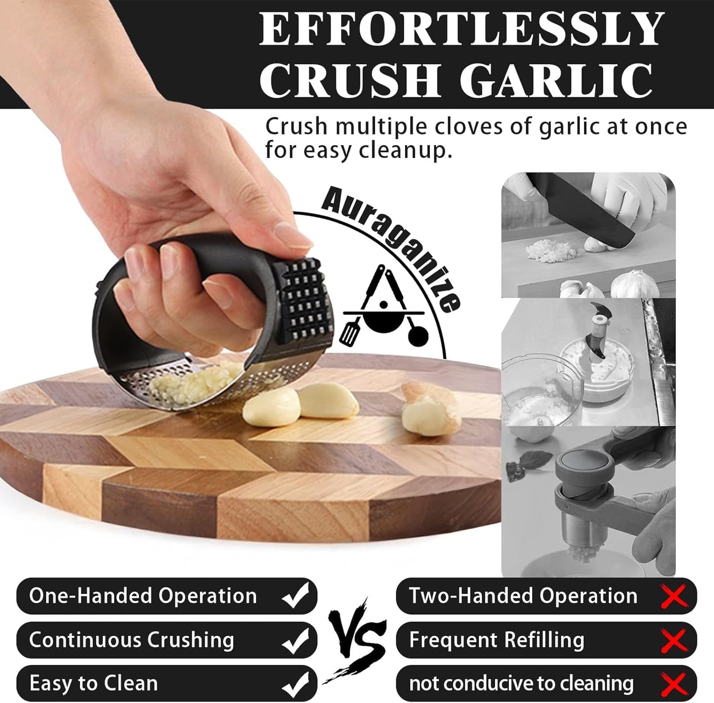 Garlic Press, Stainless Steel with Ergonomic Handle, Garlic Mincer, Easy Squeeze Rocker, Easy Clean, Scraper, Silicone Peeler, Brush (Black)