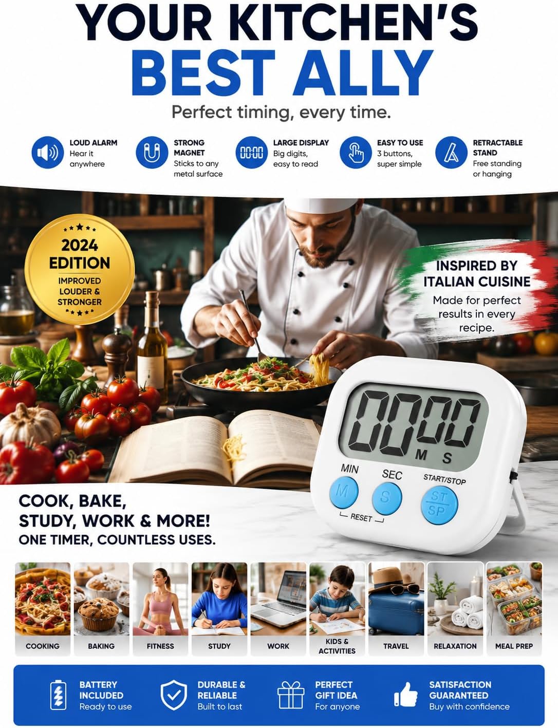 Digital Kitchen Timer for Cooking with Loud Alarm, Magnetic Countdown Timer, Large Display Big Digits Easy to Read, Count Up Stopwatch Timer for Baking Oven Kitchen Kids Classroom