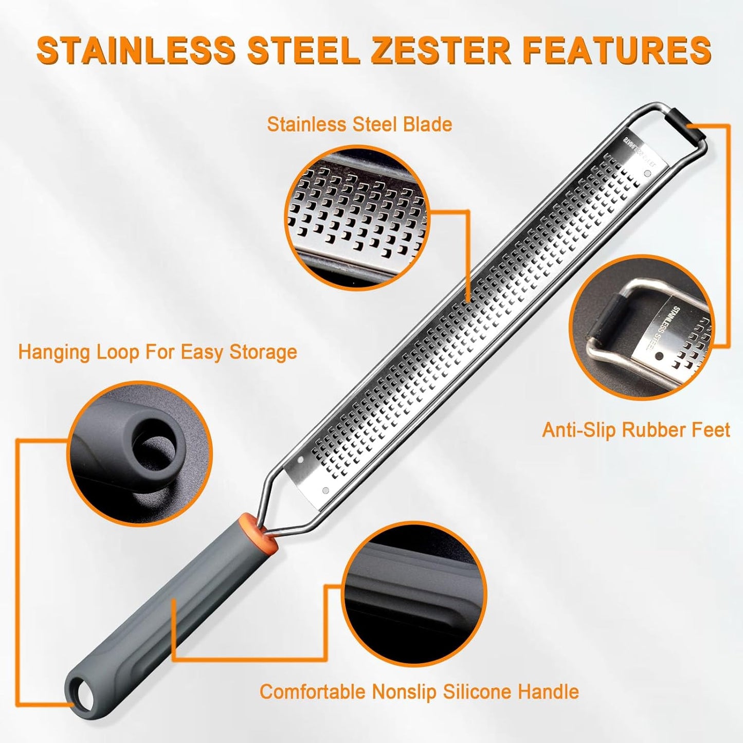 Stainless Steel Lemon Zester, Cheese Grater & Vegetable Grater with Silicone Handle - Parmesan Cheese Lemon, Garlic, Nutmeg, Chocolate, Fruits, Vegetables, Ginger - Cheese Grater (Gray)