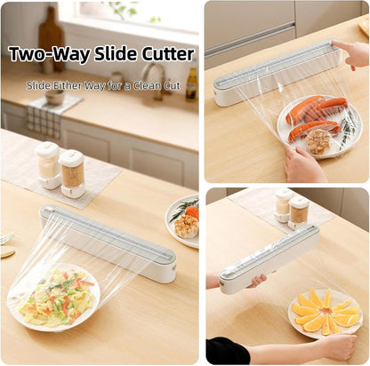 Plastic Wrap Dispenser with Cutter, Includes 100ft of Plastic Wrap, Magnetic Foil and Wrap Organizer for Kitchen, Fits 12" Rolls Up to 1.45" Diameter for Plastic Wrap and Aluminum Foil