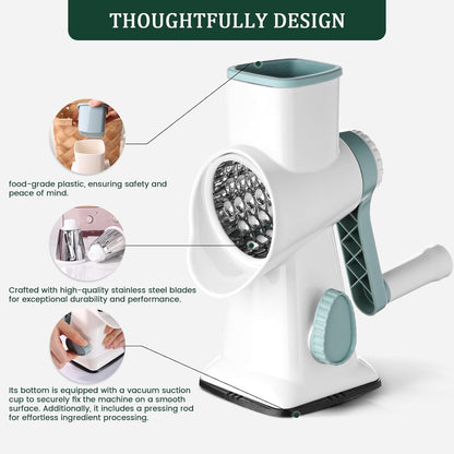 HANSGO Rotary Cheese Grater Hand Crank, Shredder Slicer Grinder, 3 Large Diameter Metal Blades & Cleaning Brush, Non-slip Suction Base, Labor-Saving Handle, Kitchen Gadgets for Cheese, Vegetable, Nuts