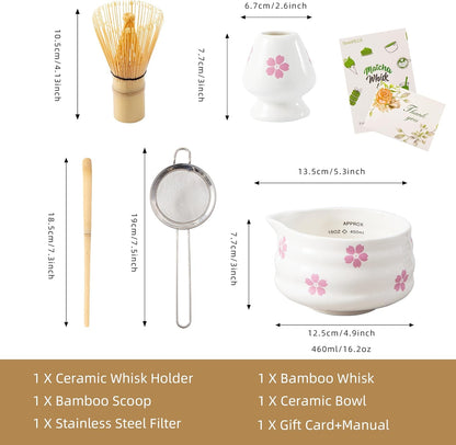 5pcs Premium Matcha Set,Ceramic Bowl with Spout and Bamboo Whisk set, Ceremonical Matcha Kit for breakfast/latte,Tea Starter Making Kit,Unique Matcha Gift set (pink love)