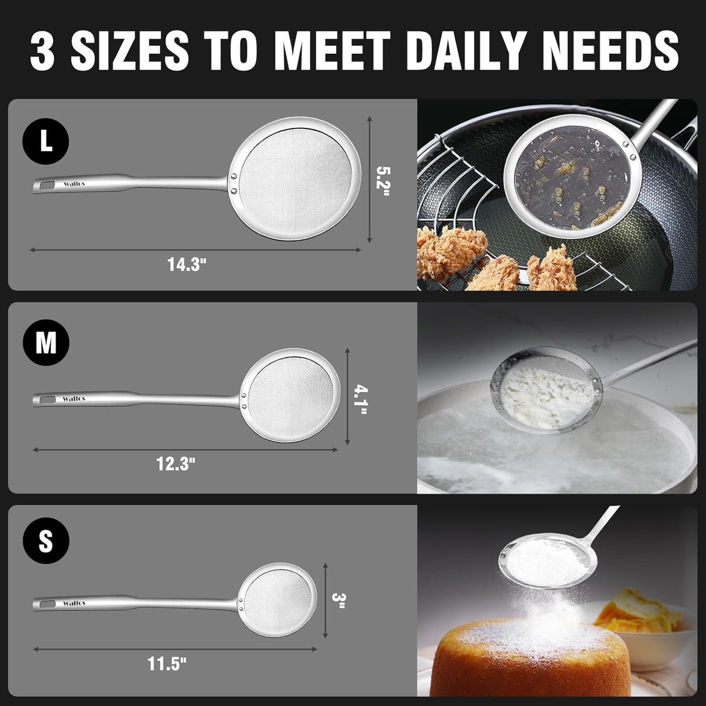 Walfos Fat Skimmer Spoon, 304 Stainless Steel Fat skimmer For Cooking, 3", 4" & 5 inch fine mesh skimmer, Food Strainer Fit For Separation Of The Floating Foam, Fat, Grease, Set of 3