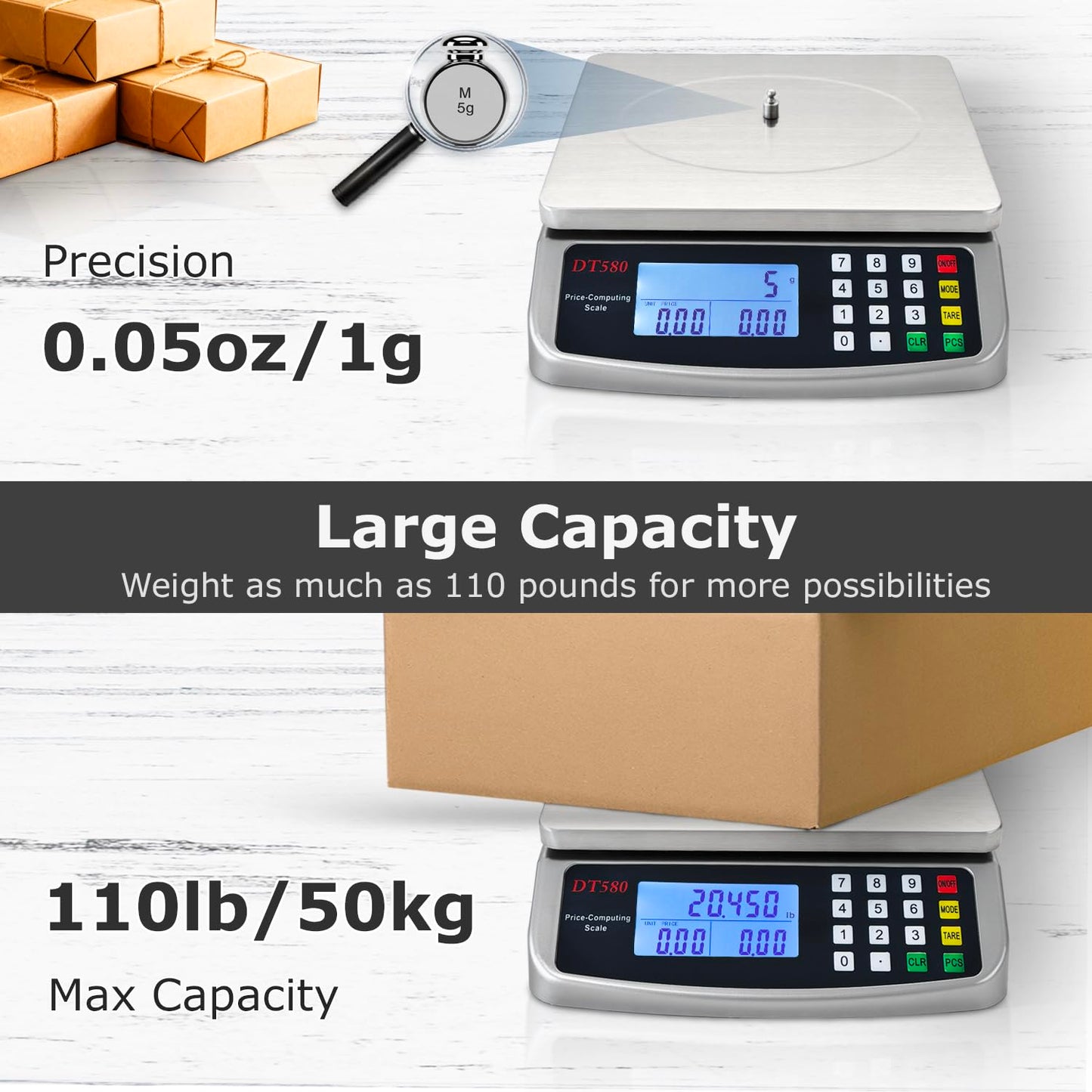 Large Digital Kitchen Scale 40kg/88lb Stainless Steel Price Computing Scale Counting Scale Deli Scale with LCD Display for Baking Bread Cooking Meat Prep Parts and Coins Adapter Included