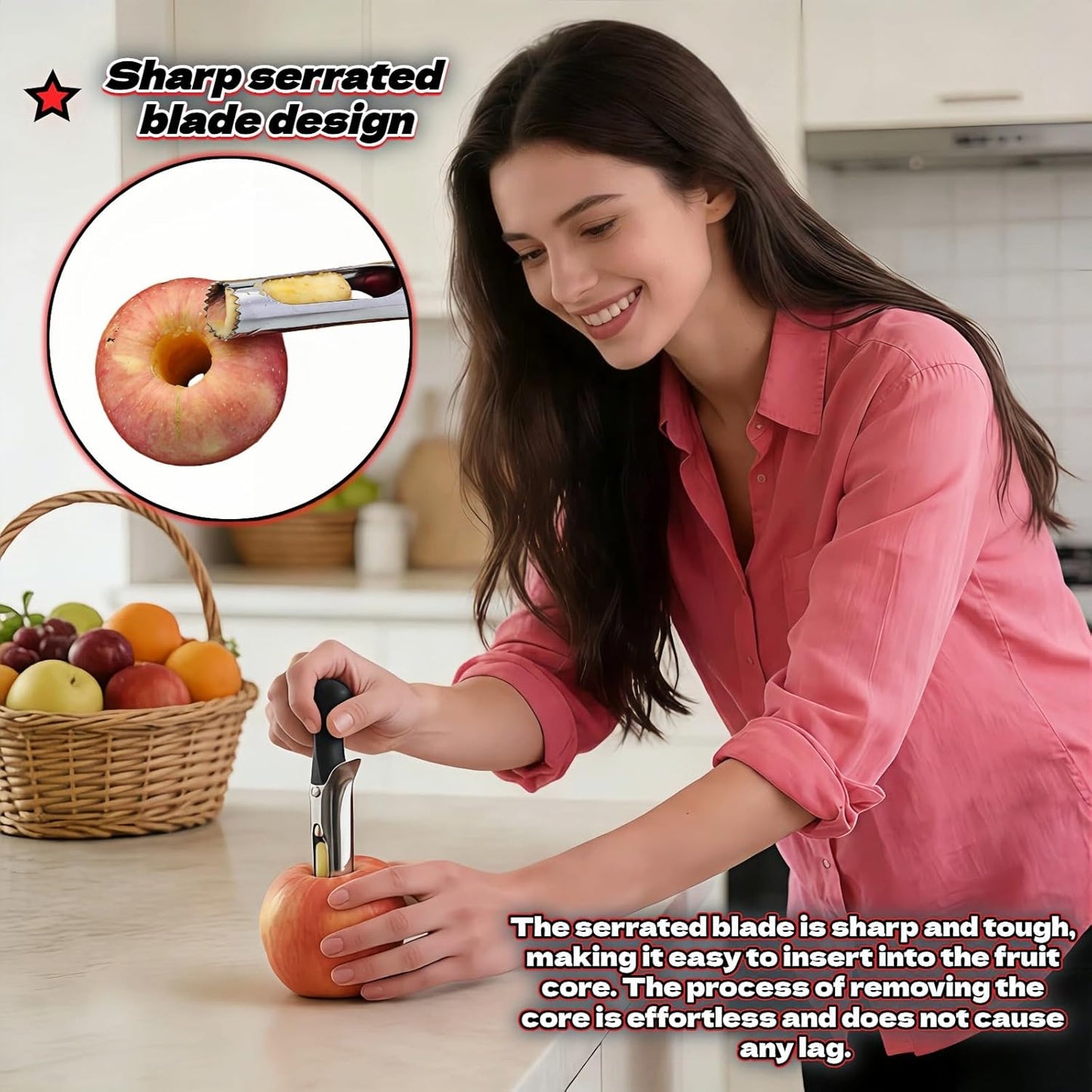 Apple Corer, Stainless Steel Apple Corer and Divider with Sharp Serrated Blade – Easy to Use – Core Remover Tool for Apples, Pears, Cupcakes – Heavy-Duty Kitchen Gadget for Baking, Cooking (Yellow)