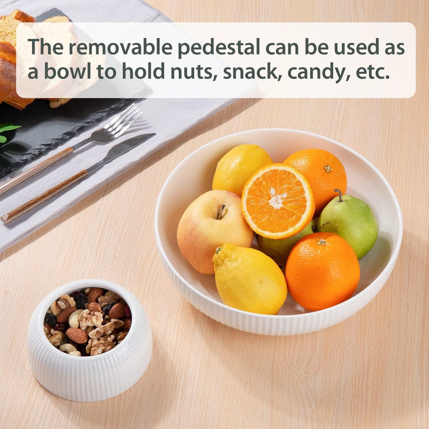 Ceramic Fruit Bowl with Draining Holes, 10" Large Fruit Basket with Multifunctional Removable Pedestal, Decorative Fruit Bowl for Table Countertop, Fruit and Vegetable Holder, Grey
