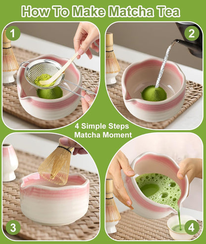 JBER Matcha Whisk Set, Ceramic Matcha Set Includes Bowl & Holder, Bamboo Whisk (Chasen), Sifter, Scoop, Spoon & Rest - 7PCS Matcha Kit Gift for Matcha Lovers & Beginners, Gradient Pink