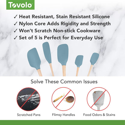 Tovolo Silicone Spatula with Wooden Handle Set of 5 Piece Silicone Kitchen Utensil Set Spoonula Jar Scraper Mini Spatula and Spoonula for Cooking Baking Mixing Folding Deep Indigo