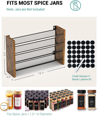 NESAPTO Spice Rack Organizer for Cabinet, Wood 4-Tier Vertical Seasoning Organizer, Wall Mount or Countertop Spice Shelf, Holds 28 Jars (No Jars Included), 14" W x 9.4" H