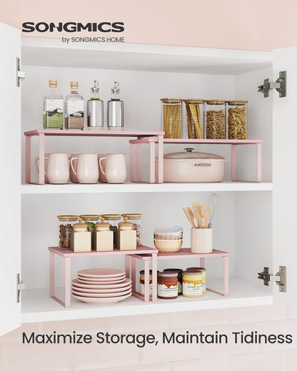 SONGMICS Cabinet Organizer Shelf, Set of 2 Kitchen Counter Shelves, Kitchen Storage, Spice Rack, Stackable, Expandable, Metal and Engineered Wood, Ink Black and Natural Beige UKCS02NB