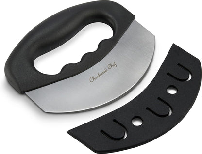 Checkered Chef Salad Chopper Tool, Mezzaluna Knife Stainless Steel Vegetable Rocker