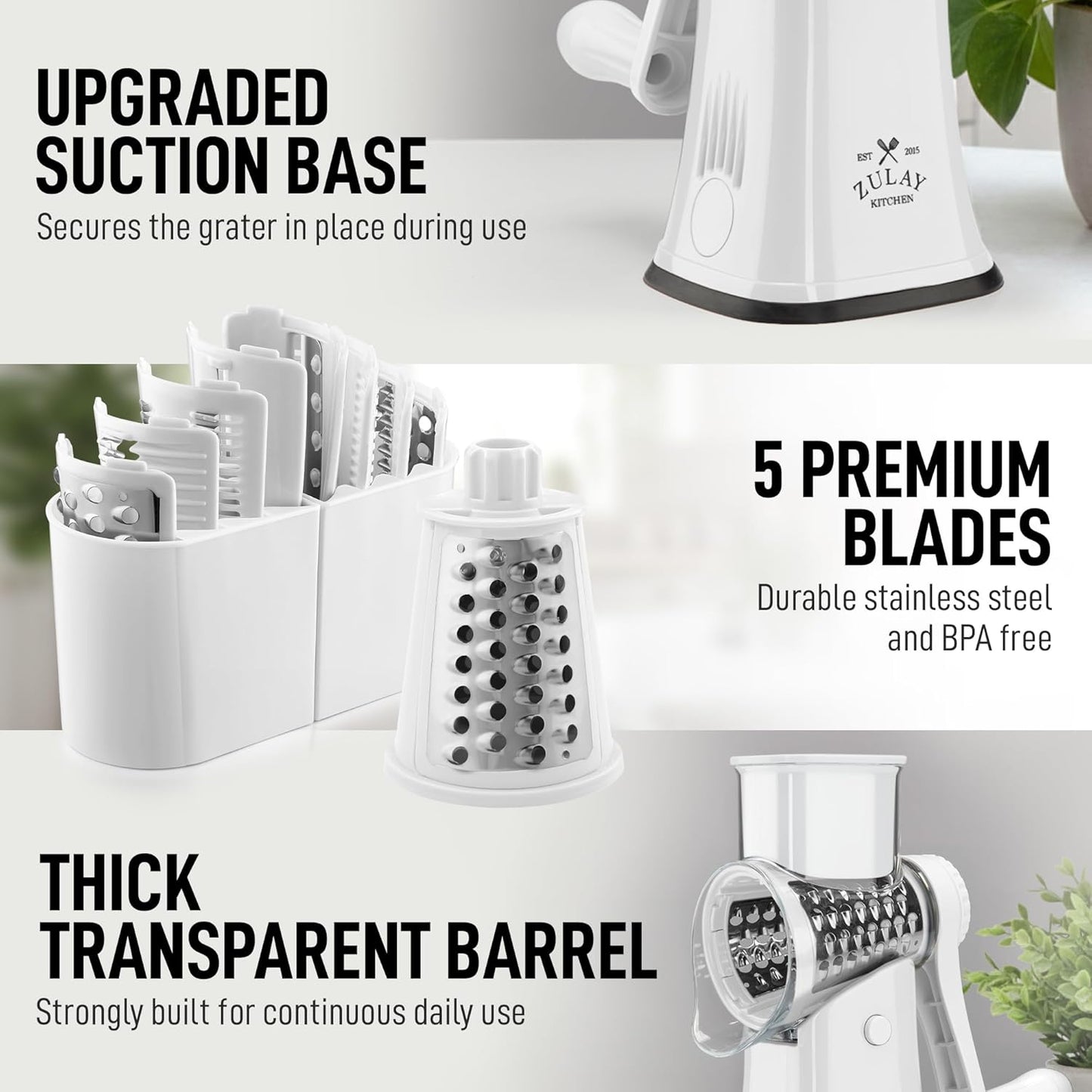 Zulay Kitchen Rotary Cheese Grater 5 Blade Cheese Shredder - Manual Hand Crank Cheese Grater With Reinforced Suction & 5 Interchangeable Drums - Easy to Use, Vegetable Chopper Round Mandoline Slicer - Colors B