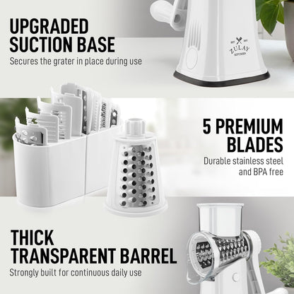 Zulay Kitchen Rotary Cheese Grater 5 Blade Cheese Shredder - Manual Hand Crank Cheese Grater With Reinforced Suction & 5 Interchangeable Drums - Easy to Use, Vegetable Chopper Round Mandoline Slicer - Colors B