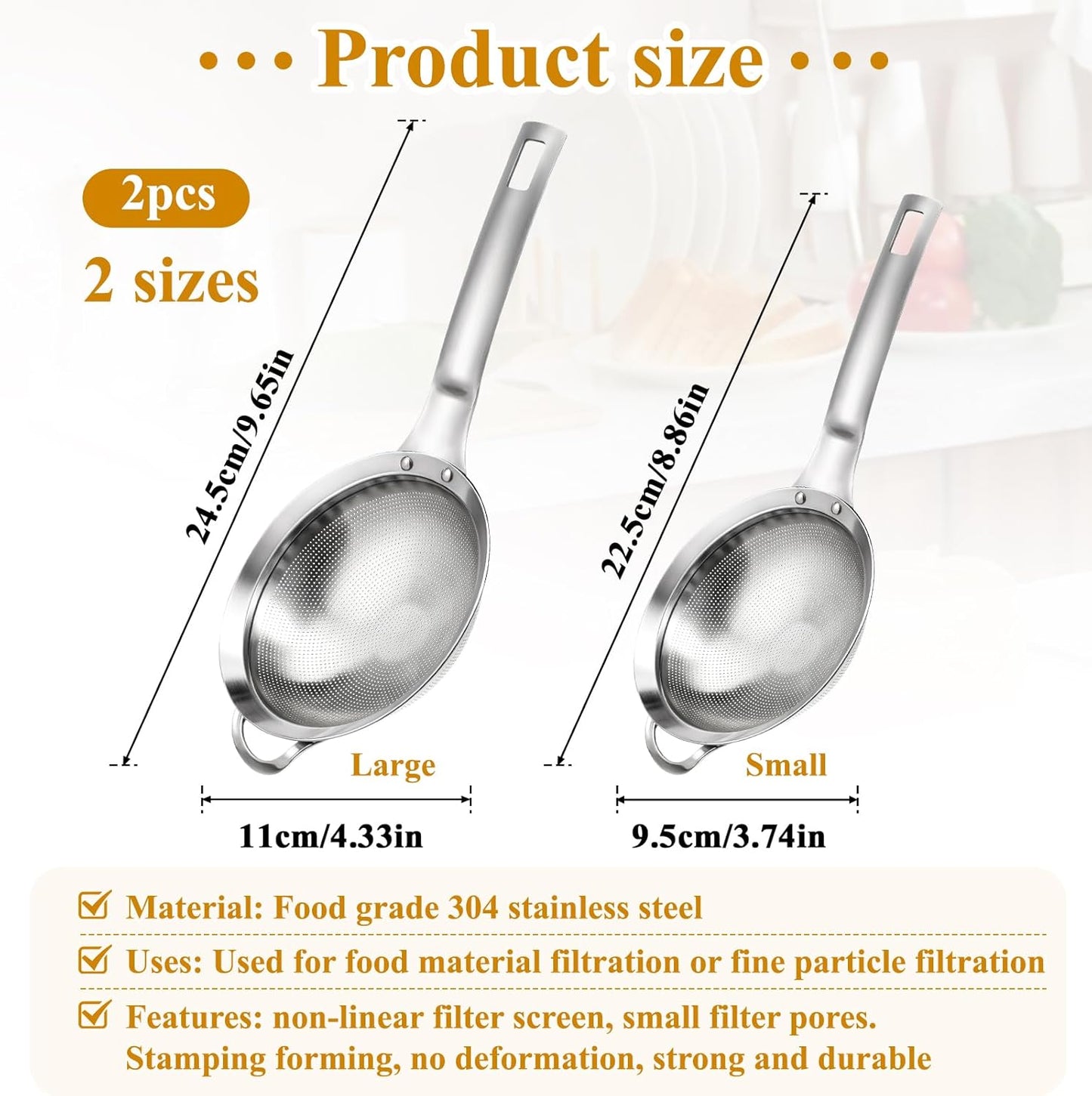 2 Packs Punch Hole Sieve Fine Mesh Stainless Steel Mesh Strainer Small Colander Strainer with Handle Metal Mini Sifter Set for Kitchen Baking Straining Flour Quinoa Tea Juice