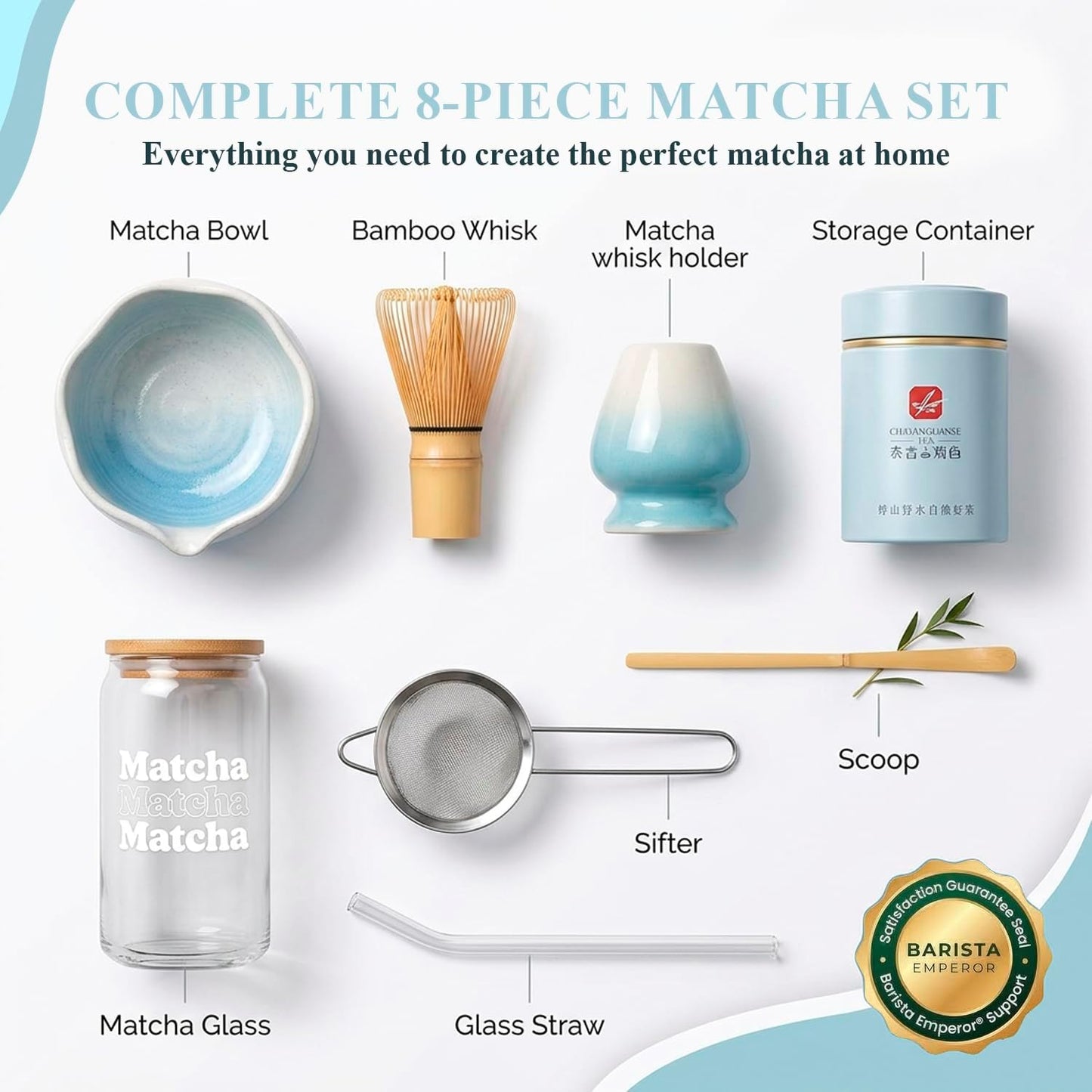 BARISTA EMPEROR® MATCHA WHISK SET PREMIUM 11pcs - Professional Matcha Kit Set with Matcha Bowl, Matcha Whisk, Milk Frother, Spoon, Sifter, Scoop, Stand, Cup, Tea Mat, Cloth - Matcha Bowl Set