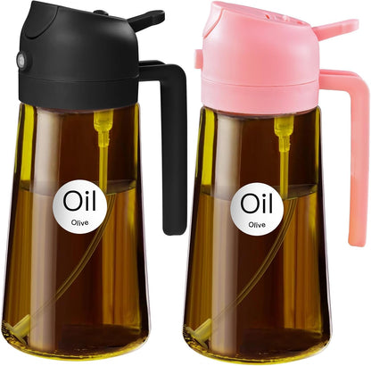 YARRAMATE 16oz/470ml Light Blocking Oil Sprayer for Cooking with Stickers, Food-Grade 2 in 1 Olive Oil Dispenser Bottle for Kitchen, Premium Dark Amber Glass Oil Bottle for Air Fryer, BBQ (Black)
