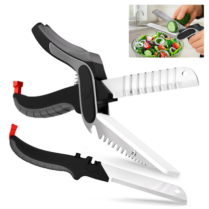 2 in 1 Kitchen Scissors for Food – Stainless Steel Blade & Plastic Cutting Board Scissors with Safety Lock | 9.5" Tomato Knife, Fruit & Vegetable Cutter – Easy-to-Use Kitchen Shears for Meat, Cheese