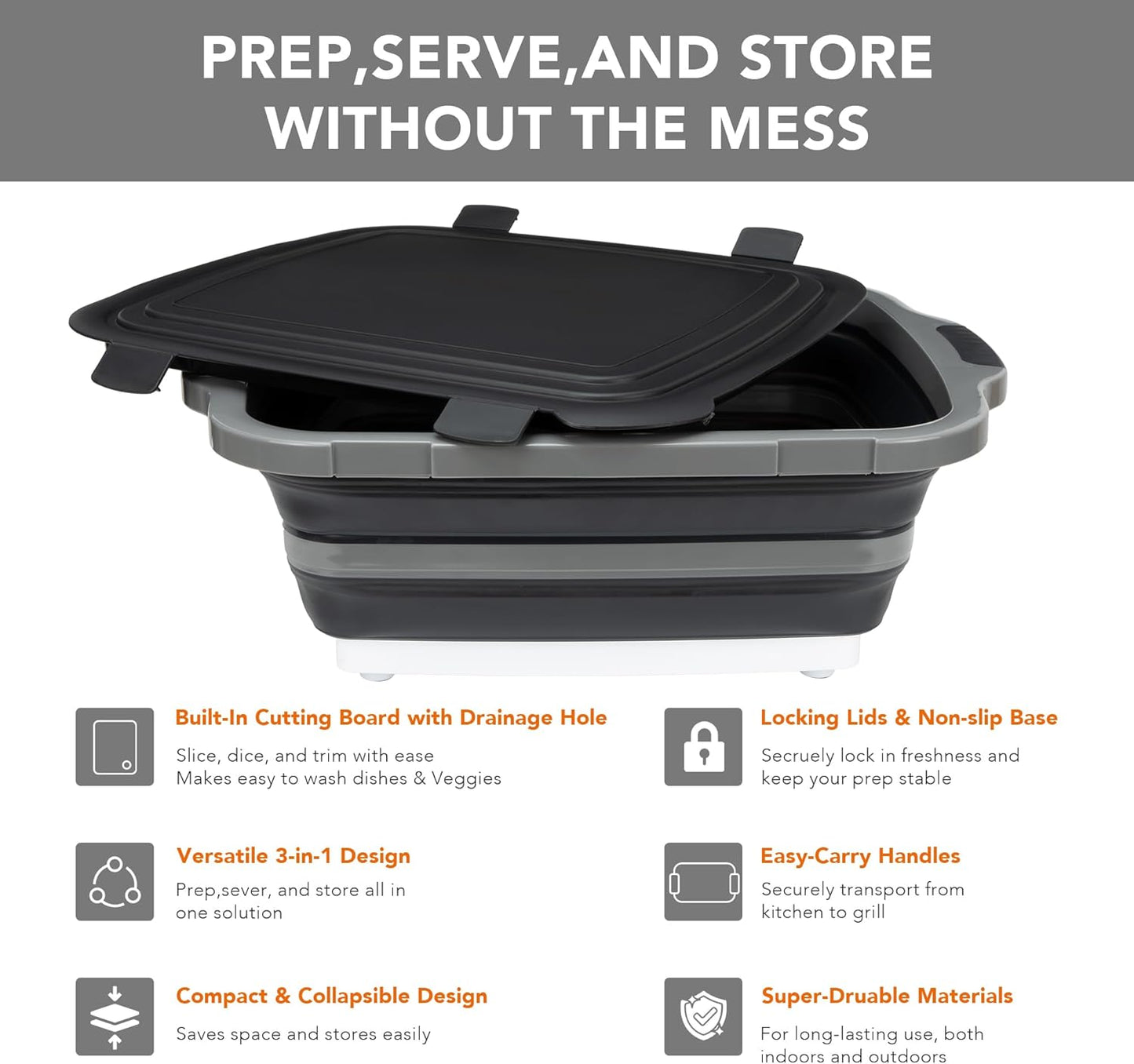 Collapsible Cutting Board(2.11 Gal/8L), BBQ Prep Tub with Locking Lid, Foldable Camping Sink with Colander, Multifunction Dish Basin for Kitchen, Bowl, Vegetable and Fruit, Storage Basket for Picnic