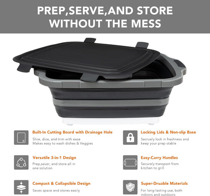 Collapsible Cutting Board(2.11 Gal/8L), BBQ Prep Tub with Locking Lid, Foldable Camping Sink with Colander, Multifunction Dish Basin for Kitchen, Bowl, Vegetable and Fruit, Storage Basket for Picnic