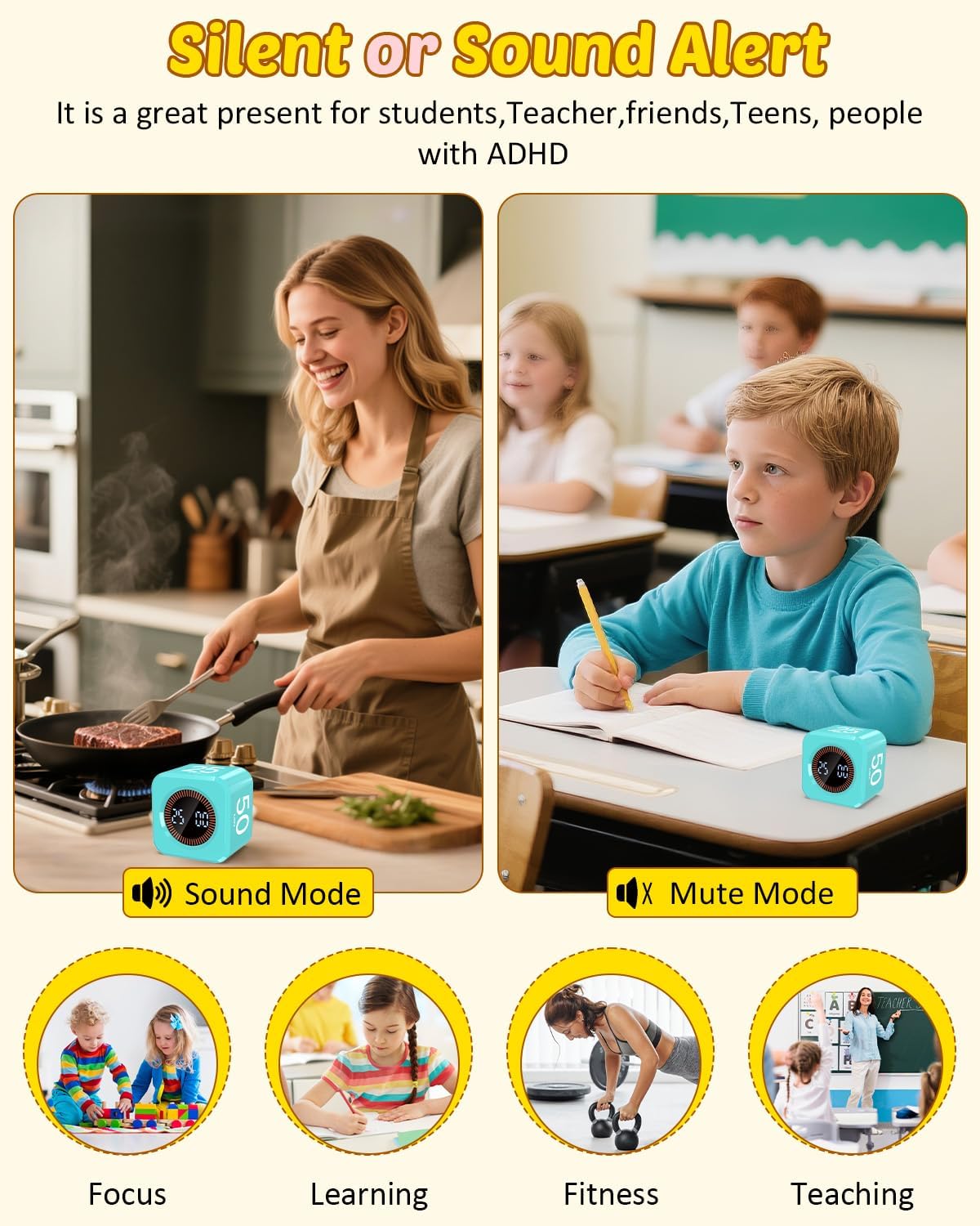 Digital Pomodoro Timer Cube 5/10/25/50min, Visual Productivity Flip Timer for Kids Classroom Desk, Custom Countdown, Silent and Sound Mode for ADHD Study Work Game Kitchen (Orange)