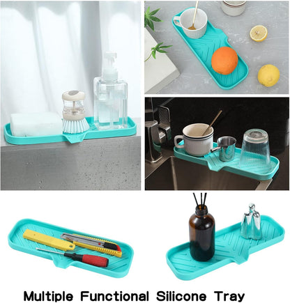 MicoYang Silicone Soap Dish with Drain Spout, Self-Draining Sink Organizer Tray for Bathroom and Kitchen, Sponges, Dispensers and Soap Holder, Non-Slip and Dishwasher Safe, Black (Compact, 4.9"×3.2")