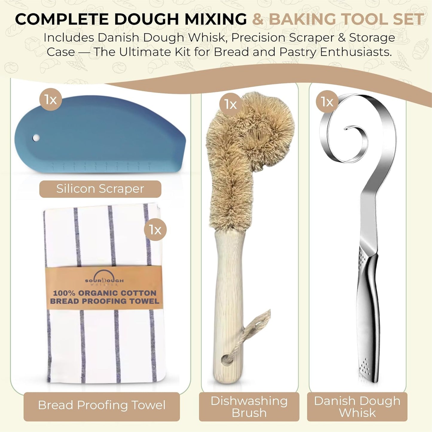 Sourdough Accessories | Seamless Danish Sourdough Bread Whisk, Silicone Dough Scraper & Sourdough Scoring Tool with 5 Blades + Storage Bag (Sourdough bread lame Kit) | Bread baking supplies