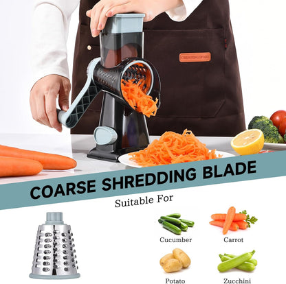 Rotary Cheese Grater with Handle Kitchen Shredder Slicer Grater Slicer Ice Shaver Cheese Vegetable Nuts Potato Zucchini Chocolate 3 Interchangeable Blades (Dark Grey TSP)