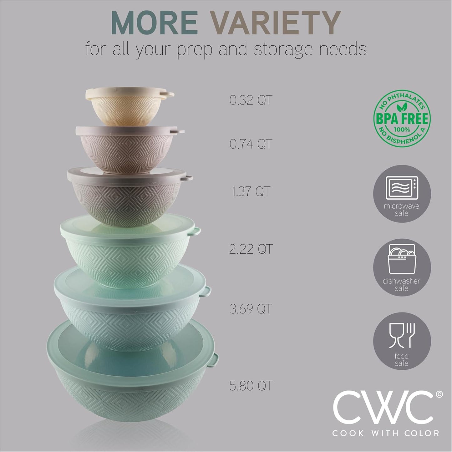 COOK WITH COLOR Mixing Bowls with Lids - 12 Piece Plastic Nesting Bowls Set includes 6 Prep Bowls and 6 Lids, Microwave Safe Mixing Bowl Set, Sage Embossed - Colors A
