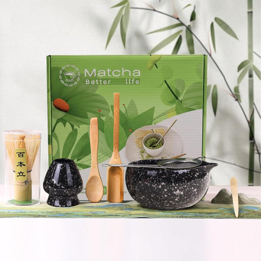 8 Pcs Matcha Whisk Set Chasen Matcha Whisk Bamboo Bowl with Spout Sifter Spoon Scoop Whisk Holder Bamboo Mat Complete Matcha Making Kit (Red Petal)