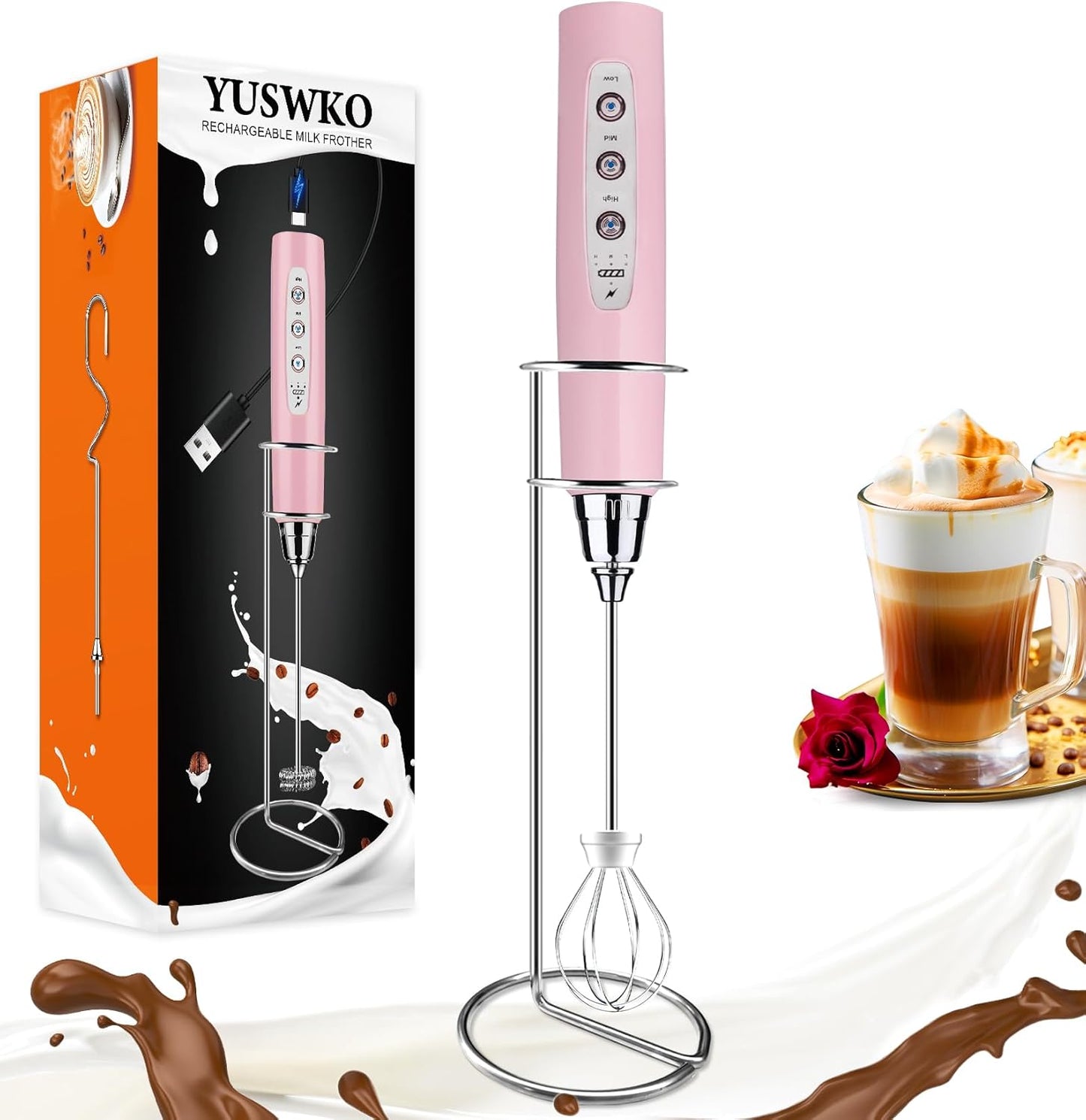 YUSWKO Black Handheld Milk Frother Wand for Coffee, Rechargeable Electric Whisk with 3 Heads 3 Speeds Drink Mixer Coffee Frother For Latte, Cappuccino, Hot Chocolate, Egg