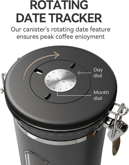 Veken Coffee Canister with Window,Airtight Stainless Steel Pantry Container,Home Kitchen Food Storage Organizers for Ground,Beans,Espresso,Rice,Tea,Sugar,Cereal, Decor,Bar Accessories,Gifts,22OZ,Black