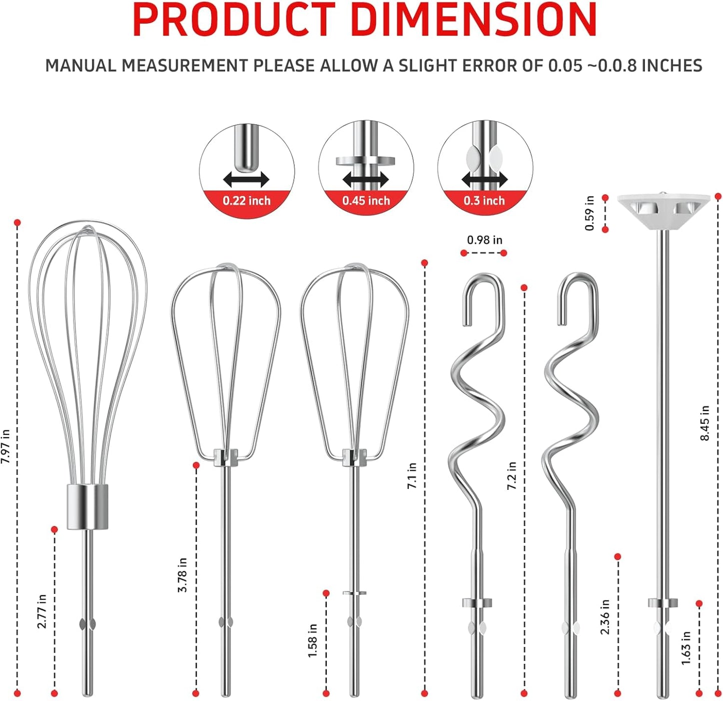 Hand Mixer Attachments Beater 6Pcs, Whisk, Blending Rod and Dough Hooks, Stainless Steel Hand Mixer Accessories for Kitchenaid Hand Mixers KHM3 KHM5 KHM7 KHM9, Dishwasher Safe