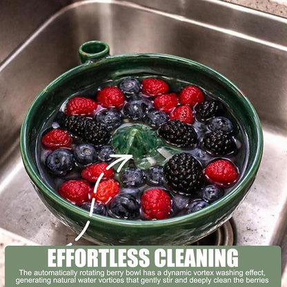 Pod Pottery Berry Washing Bowl Ceramic - Hydro Vortex Fruit Colander with Integrated Drain Spout - 360-Degree Automatic Rotating Rinser for Grapes & Vegetables - Elevated Center Cone (Green)