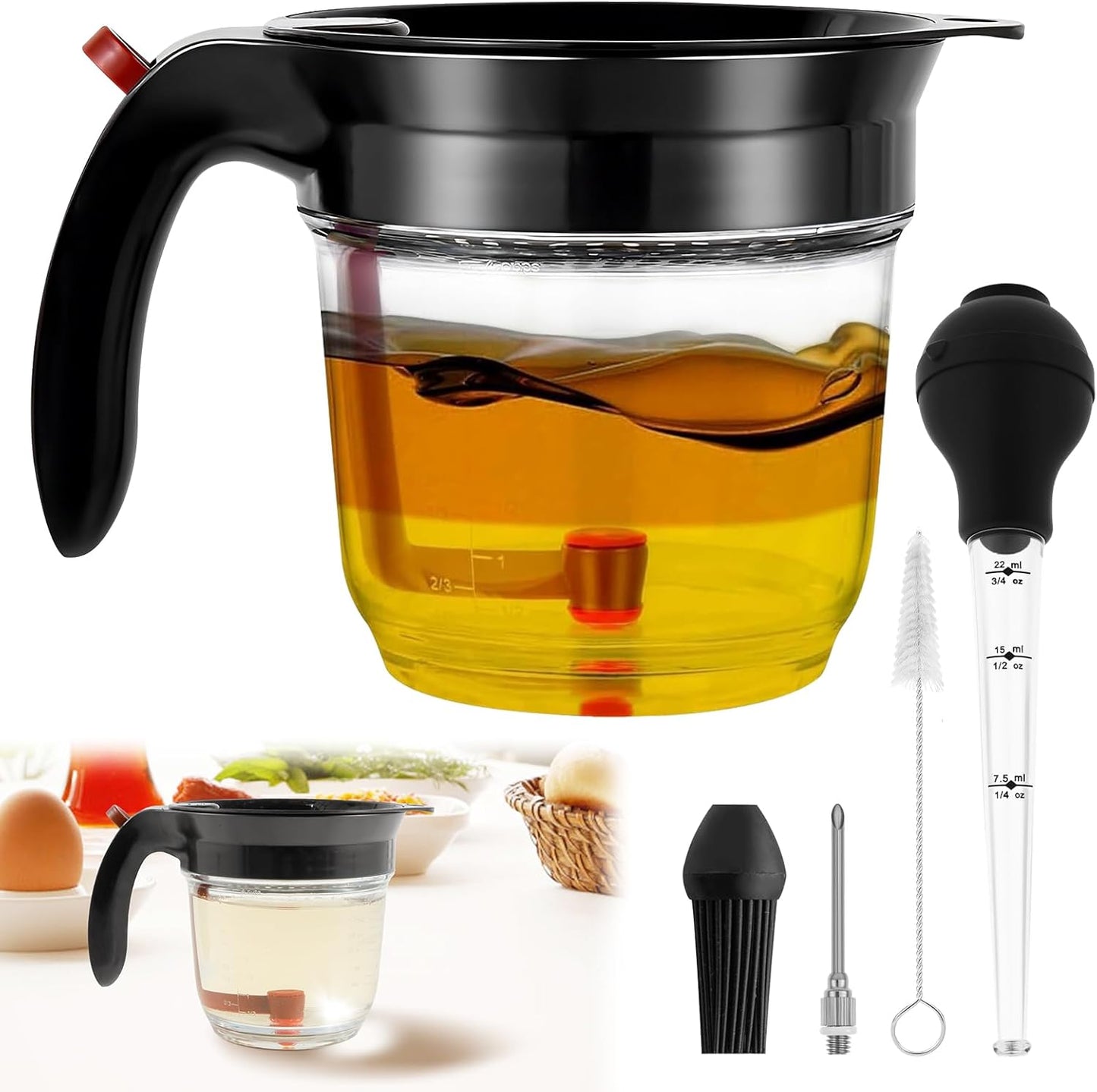 Fat Separator with Bottom Release, 33 Oz Gravy Separator for Cooking with Oil Strainer, Kitchen Gadgets Grease Separator with Stainless Steel Barbecue Syringe