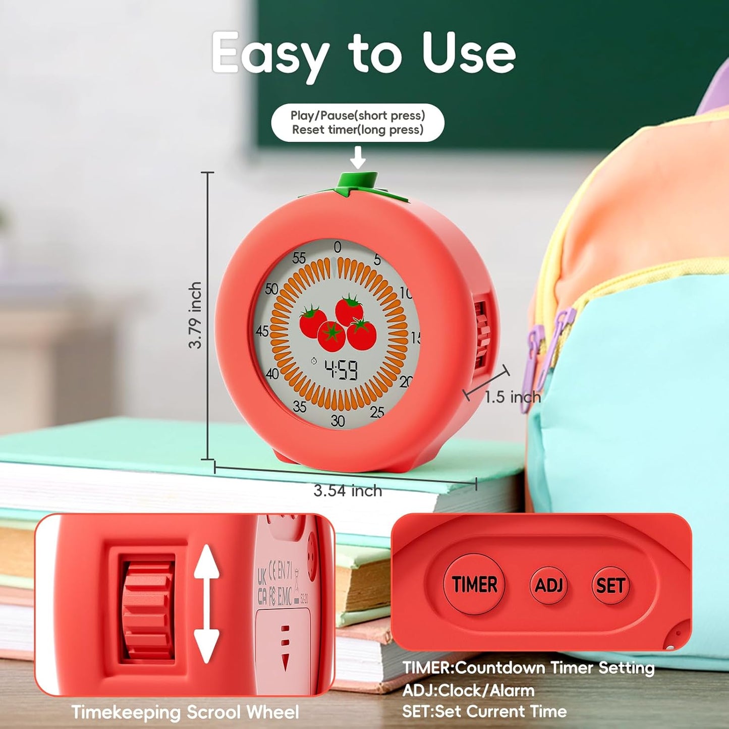 Tomato Visual Timer for Kids, 5h Cute Kids Pomodoro Countdown Timer, Kitchen Helper Timer, Visual Timer for Classroom, Office Desk and Meetings