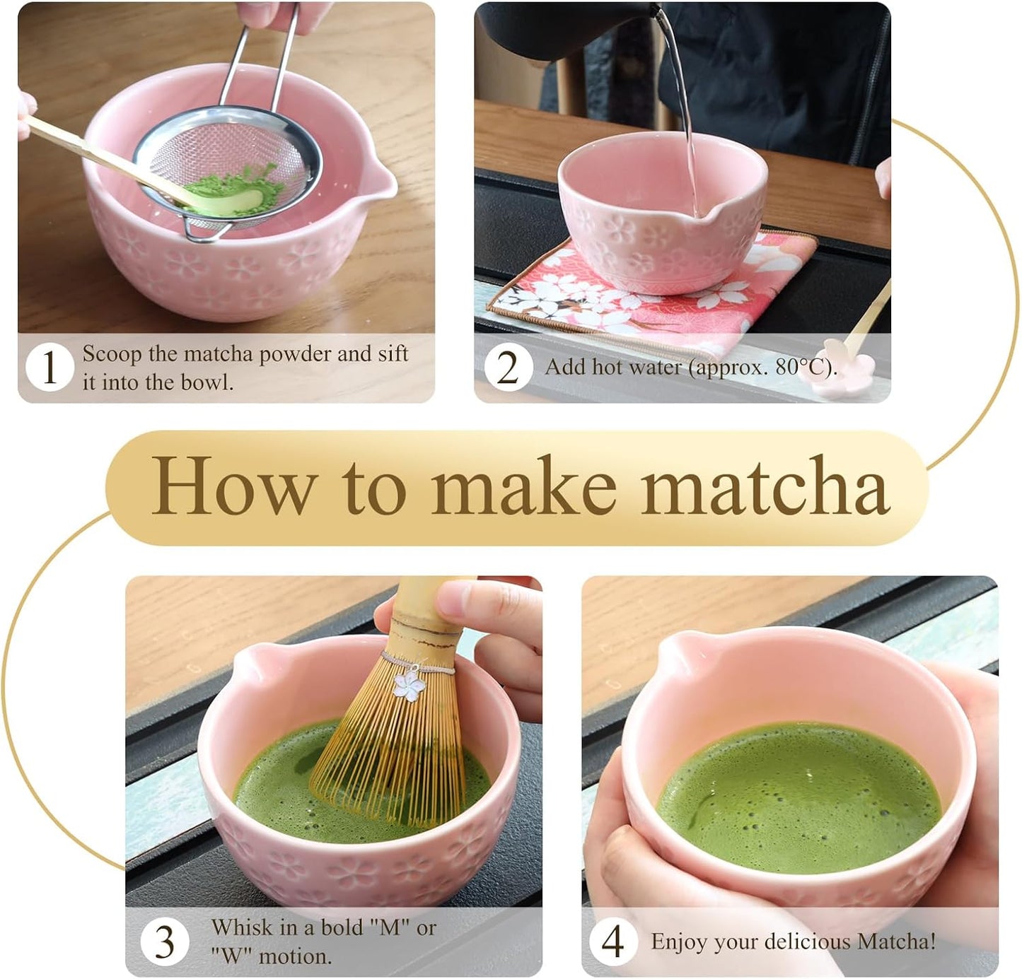 Matcha Whisk Set, Complete 7-in-1 Matcha Set Includes Matcha Bowl, Bamboo Whisk (100+ Prongs) & Holder, Bamboo Scoop & Rest, Stainless Sifter, Tea Towel, Ideal Matcha Kit for Making Matcha (pink)