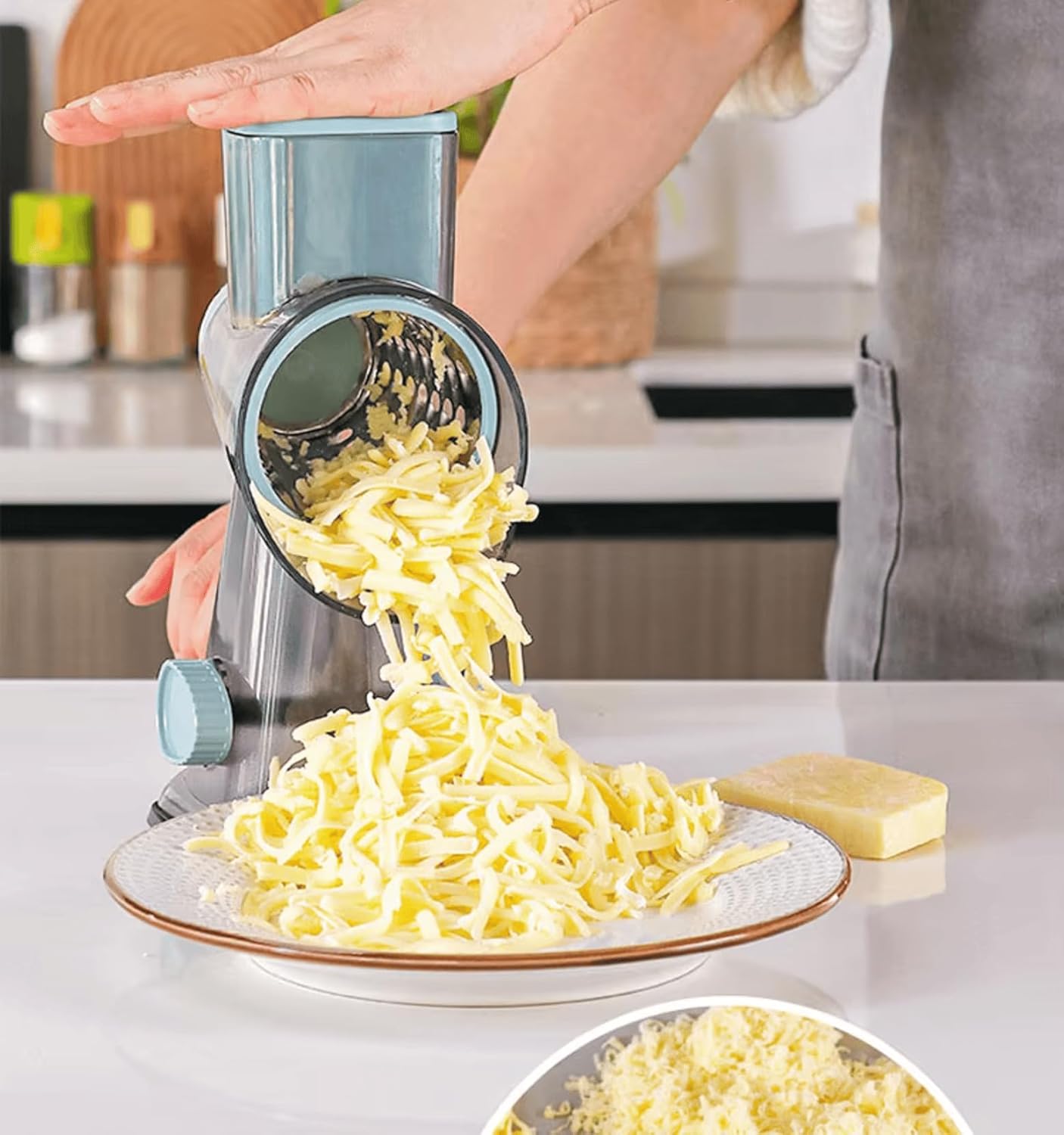 Rotary Cheese Grater with 3 Stainless Steel Blades – Manual Cheese, Vegetable, Nuts Slicer & Shredder with Strong Suction Base, Round mandoline slicer & Food Chopper - Hand Crank Grater with Handle