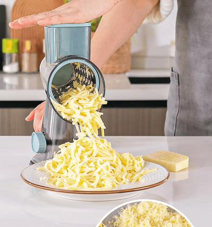 Rotary Cheese Grater with 3 Stainless Steel Blades – Manual Cheese, Vegetable, Nuts Slicer & Shredder with Strong Suction Base, Round mandoline slicer & Food Chopper - Hand Crank Grater with Handle