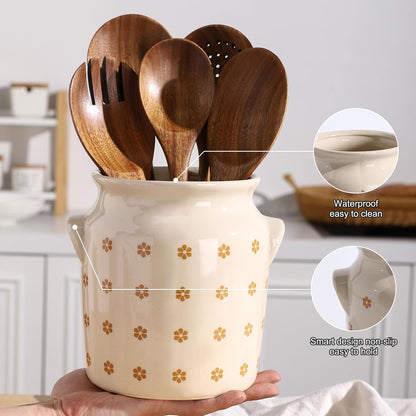 Ceramic Farmhouse Kitchen Utensil Holder for Countertop, Rustic Cooking Utensil Holder Crock Fit for Kitchen Counter. 6*6.8*6.7 IN