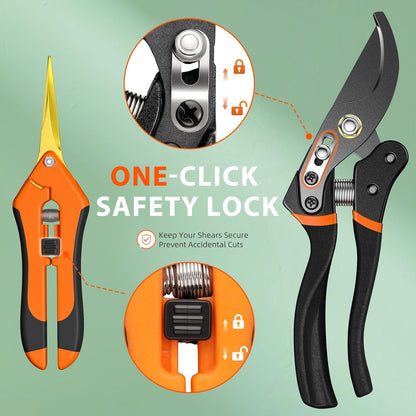 Decerk® 2 Pack Pruning Shears Set, 8.5" Bypass Hand Pruner & 6.5" Precision Snips with Sharp SK5 Steel Blades, Garden Clippers Scissors for Fresh Branch Plant Flower Bonsai
