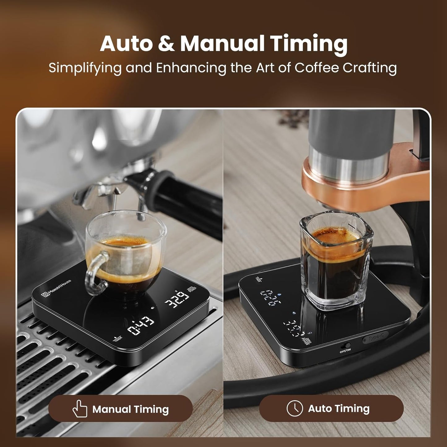 Maestri House Mini Coffee Scale with Timer, USB-C Rechargeable Espresso Scale, 2kg/0.1g Accurate Scale for Espresso and Pour-Over Coffee, Portable Digital Kitchen Scale with Auto Timer (Black&Silver)