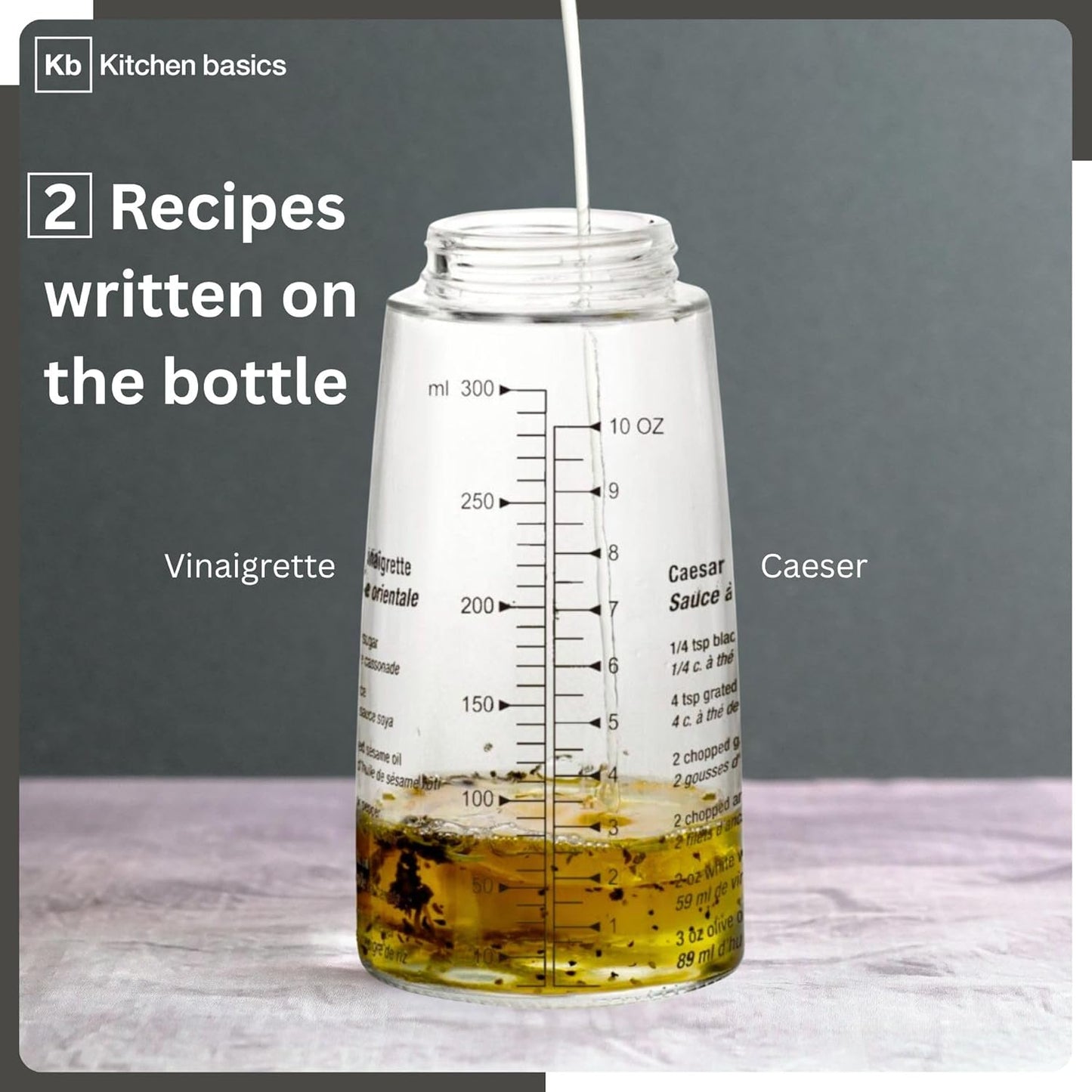 KB KITCHEN BASICS Salad Dressing Cruet 300ml/10oz - Refillable Glass Bottle with Etched Recipes, 3-in-1 Tool to Measure, Mix, Serve Dressings - Stylish & Functional Kitchen Essential