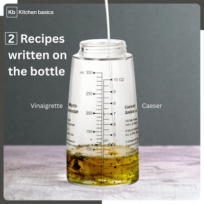 KB KITCHEN BASICS Salad Dressing Cruet 300ml/10oz - Refillable Glass Bottle with Etched Recipes, 3-in-1 Tool to Measure, Mix, Serve Dressings - Stylish & Functional Kitchen Essential